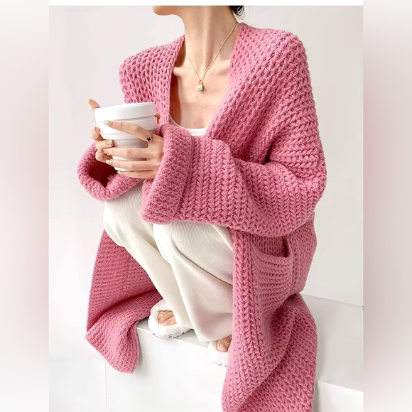 Sweater knit cardigan pocket wide sleeve boho rose pink NWT - Picture 9 of 10